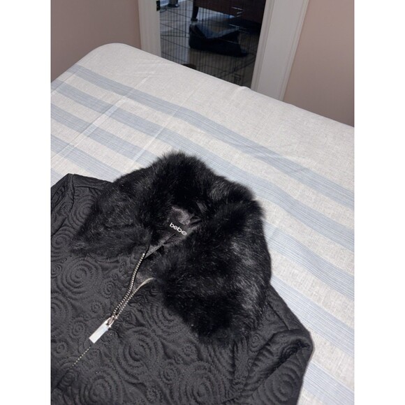 BEBE Coat Genuine Rabbit Fur Trim Down Fill Quilted Jacket Women Small Y2K Black - Picture 7 of 7
